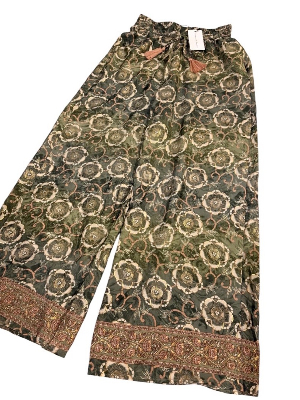 Chelsea & Theodore NWT Floral Wide Leg Pull-On Pants Green XS Boho Tassel